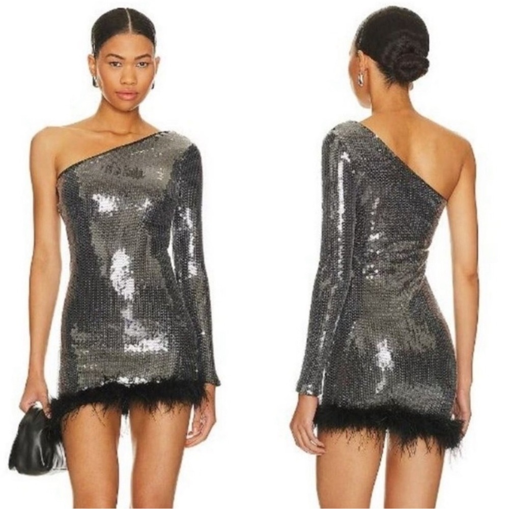 NWT Superdown Revolve Cecelia One Shoulder Sequin Feathers Mini Dress Formal